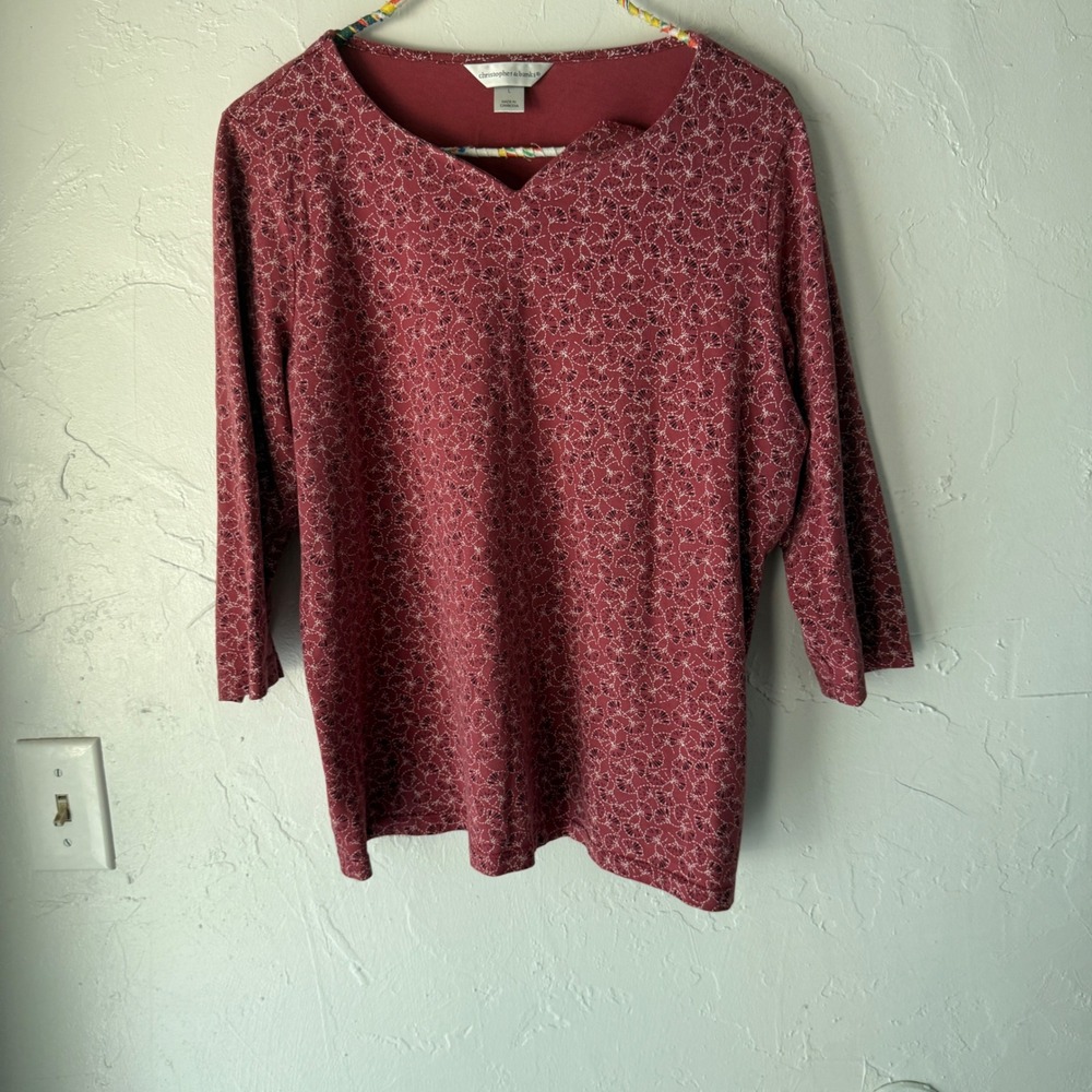 Christopher & Banks Y2k Womens Top L Large Floral Print 3/4 Sleeve Burgundy Boho